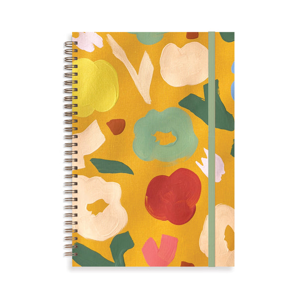 Marigold Composition B5 Notebook by Moglea with a marigold-colored cover and lined pages, open to show interior pages.