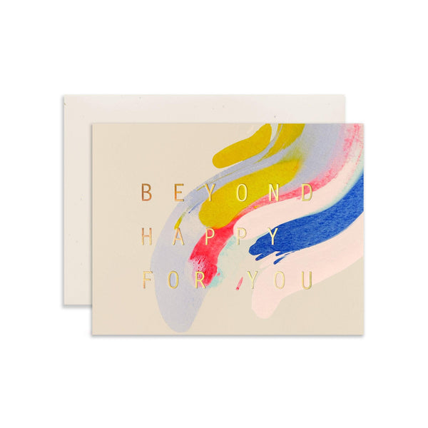 Moglea Beyond Happy greeting card featuring colorful, artistic design with uplifting message on textured paper.