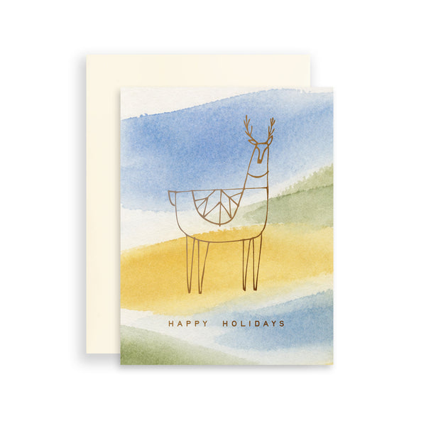 Moglea Reindeer Holiday greeting card featuring a festive reindeer illustration on a peaceful holiday background.